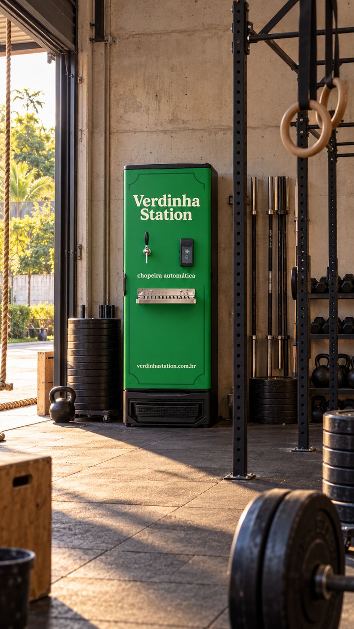 Chopeira automática Verdinha Station perto da entrada de um box de crossfit