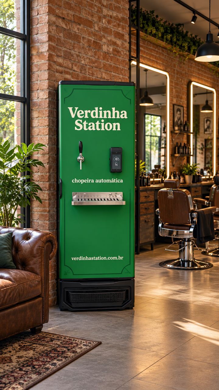 Chopeira automática Verdinha Station na área de espera de uma barbearia