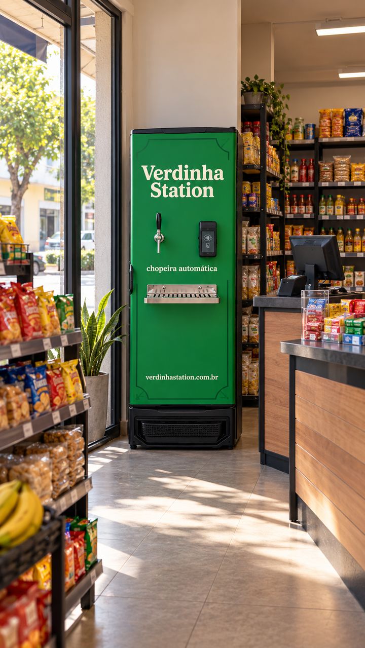 Chopeira automática Verdinha Station perto do caixa de uma conveniência de bairro