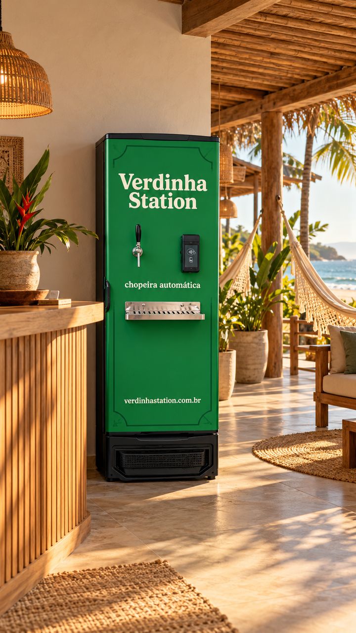 Chopeira automática Verdinha Station na recepção de uma pousada à beira-mar