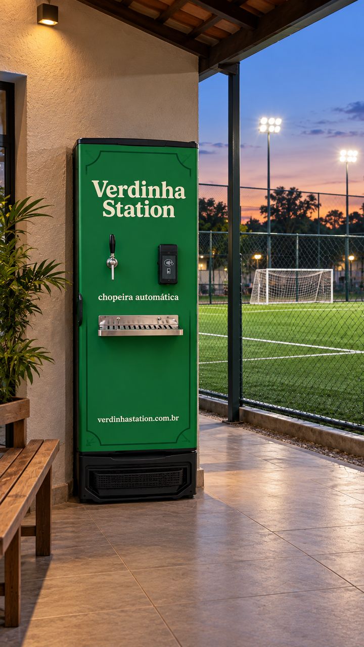 Chopeira automática Verdinha Station na área coberta ao lado de um campo society